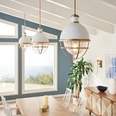 Photograph: Quintiesse Tollis 1 Light Pendant In Natural Brass And White Complete With Clear Ribbed Glass - QN-TOLLIS-P-NBR