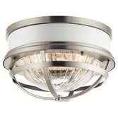 Photograph: Quintiesse Tollis 2 Light Flush Mount In Brushed Nickel And White Complete With Clear Ribbed Glass - QN-TOLLIS-F-BN