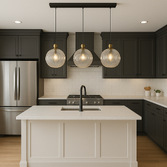 Photograph: Romac 3 Light Linear Island Pendant Black & Gold With Clear Ribbed Glass Globes - Bespoke