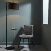 Photograph: Thorlight Aris Satin Black Finish Floor Lamp Complete With Black Fabric Shade & Table