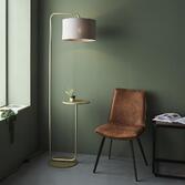 Photograph: Thorlight Aris Satin Champagne Finish Floor Lamp Complete With Slate Grey Fabric Shade & Table