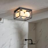 Photograph: Thorlight Delphi 4 Light Square Flush Bathroom Ceiling Light In Matt Black With Opal Glass Globes - IP44