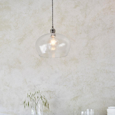 Photograph: Thorlight Graydon Polished Nickel Round Single Pendant Light Complete With Clear Hammered Textured Glass