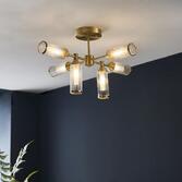 Photograph: Thorlight Kinley Satin Brass 6 Light Semi Flush Ceiling Light Complete With Clear & Frosted Ribbed Glass Shades