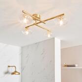 Photograph: Thorlight Lux 4 Light Flush Bathroom Ceiling Light In Satin Brass With Clear Ribbed Glass Shades - IP44