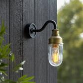 Photograph: Thorlight Manila Matt Black/Antique Brass Exterior Wall Light With Clear Glass