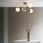 Photograph: Thorlight Merlin Matt Antique Brass Finish 4 Light Semi Flush Ceiling Light Complete With Opal Glass Globes