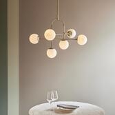 Photograph: Thorlight Merlin Matt Antique Brass Finish 6 Light Pendant Complete With Opal Glass Globes