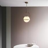 Photograph: Thorlight Merlin Matt Antique Brass Finish Single Pendant Light Complete With Opal Glass Globe