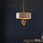 Photograph: Thorlight Noor Antique Gold Leaf 3 Light Pendant Complete With Satin Mink Fabric Shade & Vintage White Diffuser