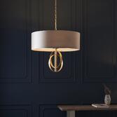 Photograph: Thorlight Noor Antique Gold Leaf 5 Light Pendant Complete With Satin Mink Fabric Shade & Vintage White Diffuser