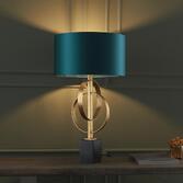 Photograph: Thorlight Noor Antique Gold Leaf & Black Marble Table Lamp Complete With Satin Teal Fabric Shade