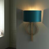 Photograph: Thorlight Noor Antique Gold Leaf Single Wall Light Complete With Satin Teal Fabric Shade