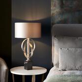 Photograph: Thorlight Noor Antique Silver Leaf & Black Marble Table Lamp Complete With Satin Mink Fabric Shade