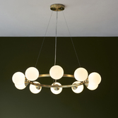 Photograph: Thorlight Orson 10 Light Round Pendant Satin Brushed Gold With Frosted Glass Globes