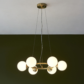 Photograph: Thorlight Orson 6 Light Round Pendant Satin Brushed Gold With Frosted Glass Globes