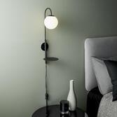 Photograph: Thorlight Phoenix Satin Black Painted Plug-In Wall Light With Opal Glass Globe and Shelf