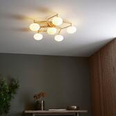 Photograph: Thorlight Quinn 6 Light Flush Ceiling Light Satin Brass With Opal Glass Shades