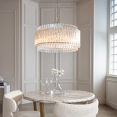 Photograph: Thorlight Salford Brushed Aged Brass Glass Large 5 Light Pendant