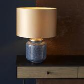 Photograph: Thorlight Soren Antique Brass & Cobalt Mottled Glass Table Lamp Complete With Satin Gold Shade