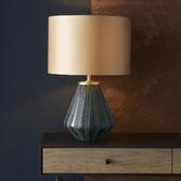 Photograph: Thorlight Suri Antique Brass & Turqoise Tinted Glass Table Lamp Complete With Satin Gold Shade