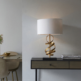 Photograph: Thorlight Talon Table Lamp Gold Leaf Decorative Metalwork With Ivory Cotton Shade