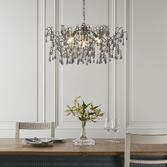 Photograph: Thorlight Tova Aged Silver Finish 4 Light Pendant Complete With Smokey Grey Tinted Glass Teardrops