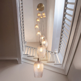 Photograph: Thorlight Trentham Large 13 Light Antique Brass Stairway Cascade Light Complete With Clear Ribbed Glass Shades