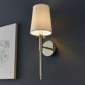 Photograph: Thorlight Zadie Polished Nickel Single Wall Light Complete With Vintage White Cotton Fabric Shade