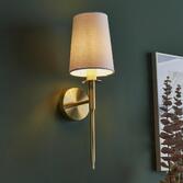 Photograph: Thorlight Zadie Satin Brass Single Wall Light Complete With Vintage White Cotton Fabric Shade