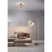 Photograph: Trio Lighting Julieta Floor Lamp Matt Black With Fawn Velvet Shade With Gold Lining