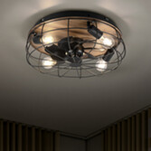 Photograph: Trio Lighting Trondheim Matt Black/Wood Inustrial Cage Style Remote Control Ceiling Fan