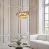 Photograph: Venice 6 Light Brushed Brass Finish Pendant Light Complete With Champagne Textured Glass