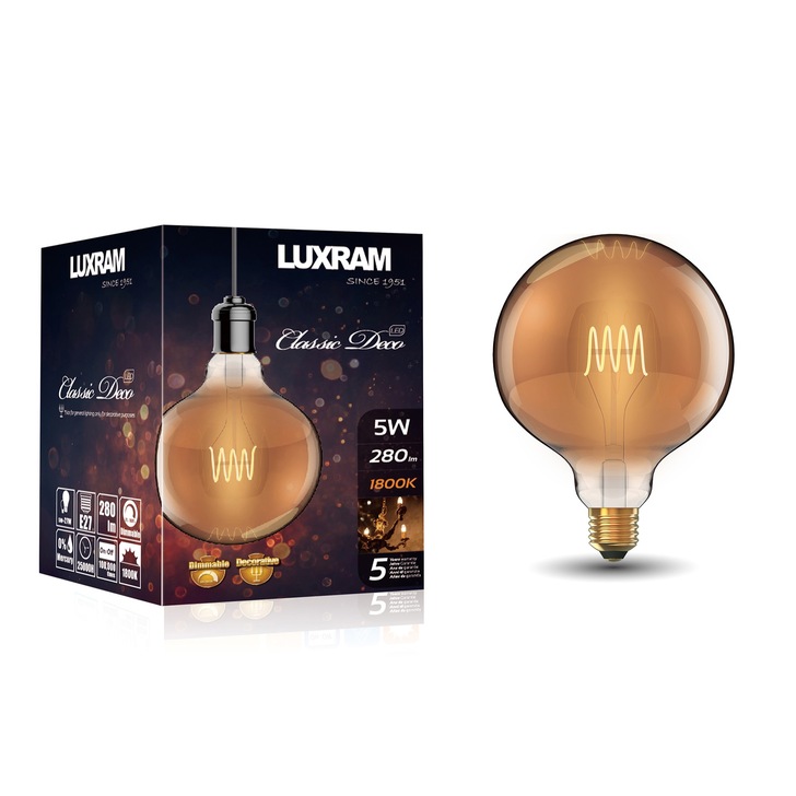 5W LED Classic Deco Gold Finish Dimmable Globe Lamp With Decorative Filament - E27, 1800K