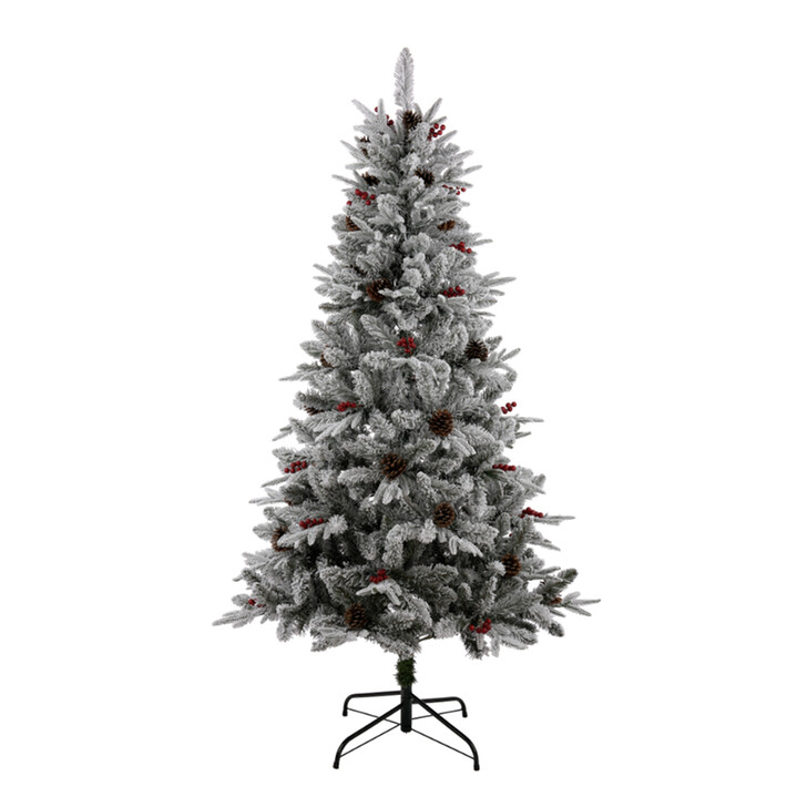 6FT LIT FROSTED TREE WITH RED BERRIES AND CONES - Mains Powered - W/W Led