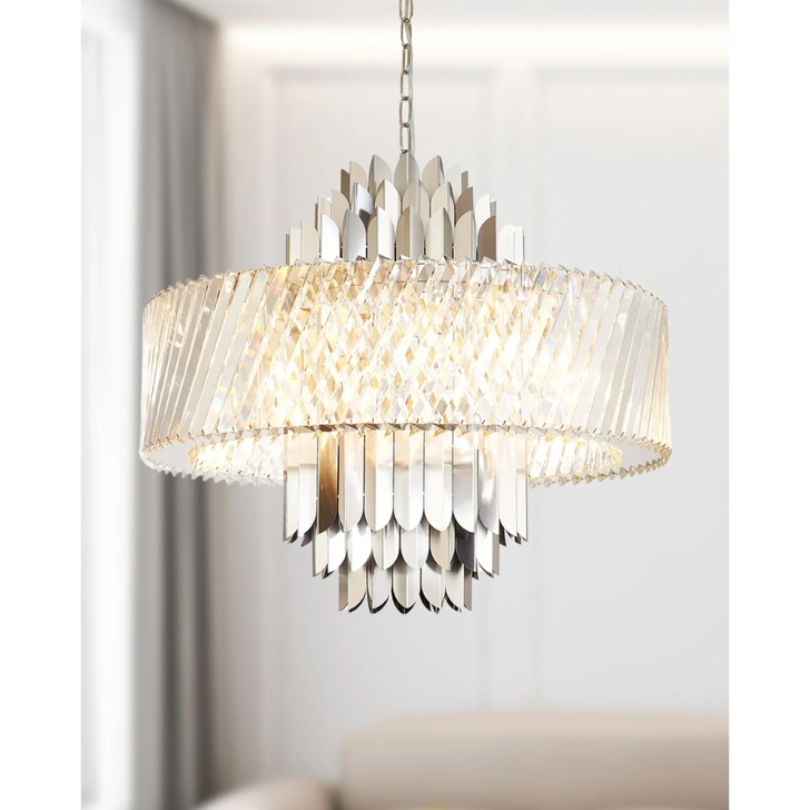 Alol 70cm Round Satin Nickel/Clear 13 Light Large Crystal Pendant Light