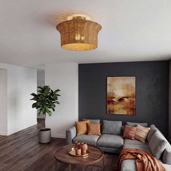 Alora Mood Kai Brushed Gold And Rattan Flush Ceiling Light