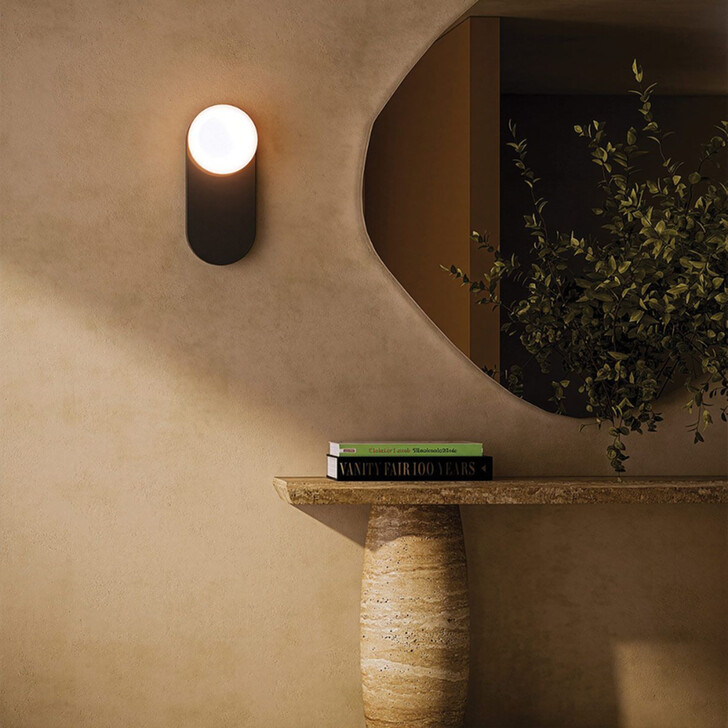 Alora Mood Otis Matt Black Wall Light Complete With Shiny Opal Glass