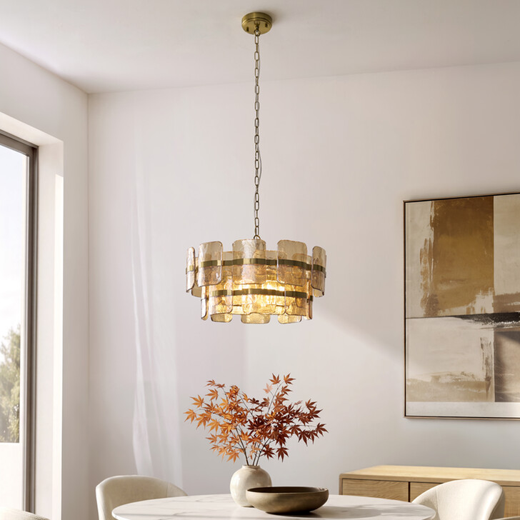 Ancara Brushed Aged Brass Finish 6 Light Pendant Light Complete With Champagne Textured Glass