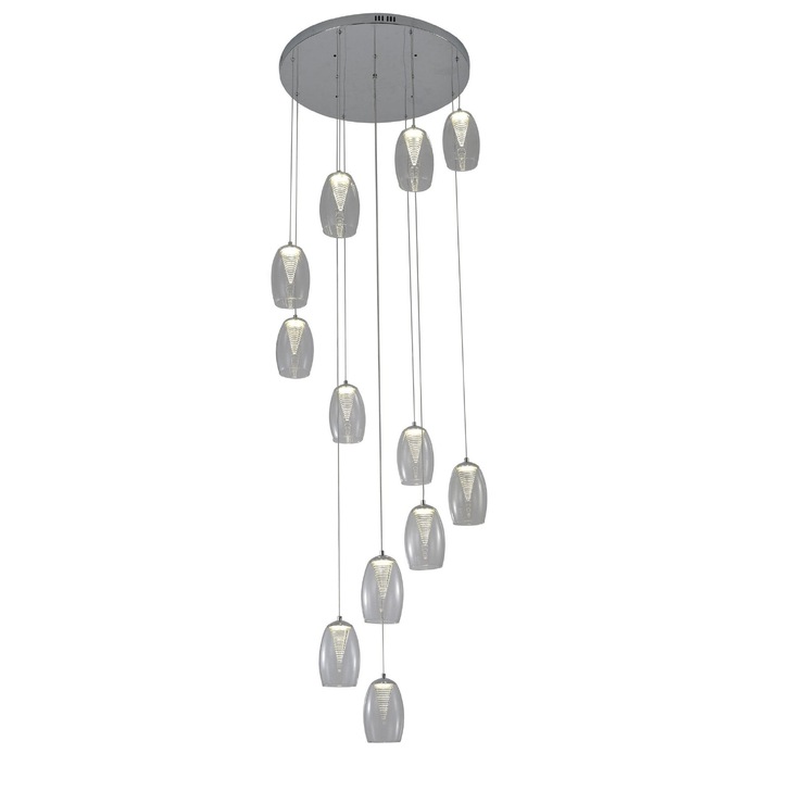 Aria Polished Chrome 12 Light Cluster Stairway Pendant With Clear Glasses - 4000K