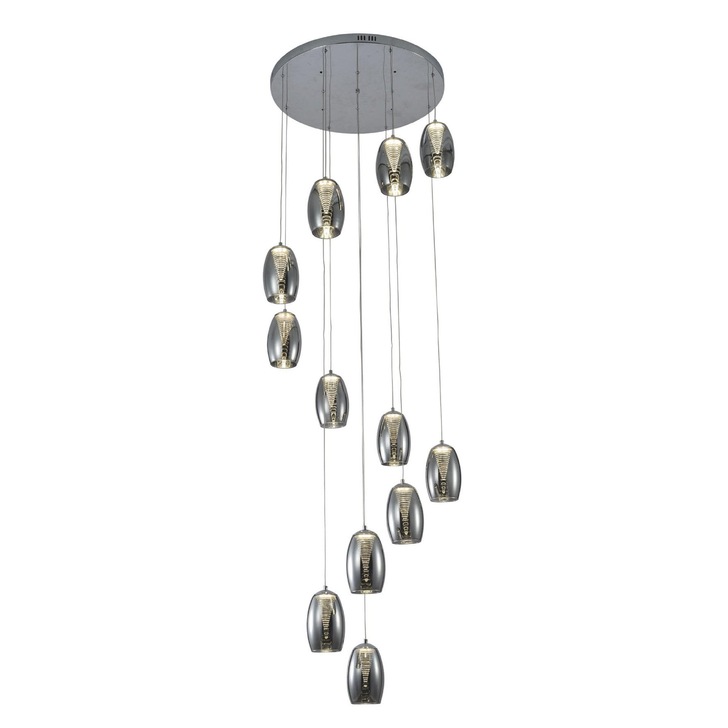 Aria Polished Chrome 12 Light Cluster Stairway Pendant With Smoked Glasses - 4000K