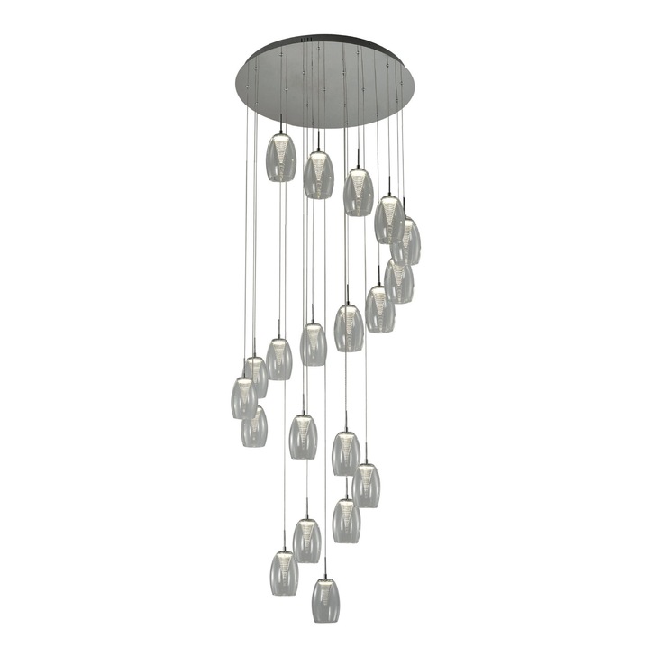 Aria Polished Chrome 20 Light Cluster Stairway Pendant With Clear Glasses - 4000K