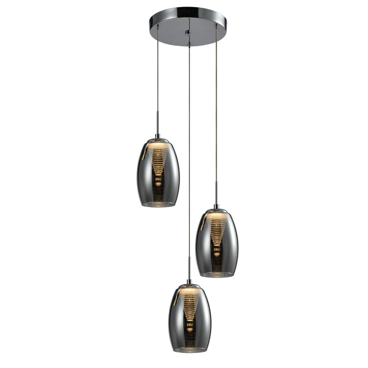 Aria Polished Chrome 3 Light Led Cluster Pendant With Smoked Glasses - 4000K