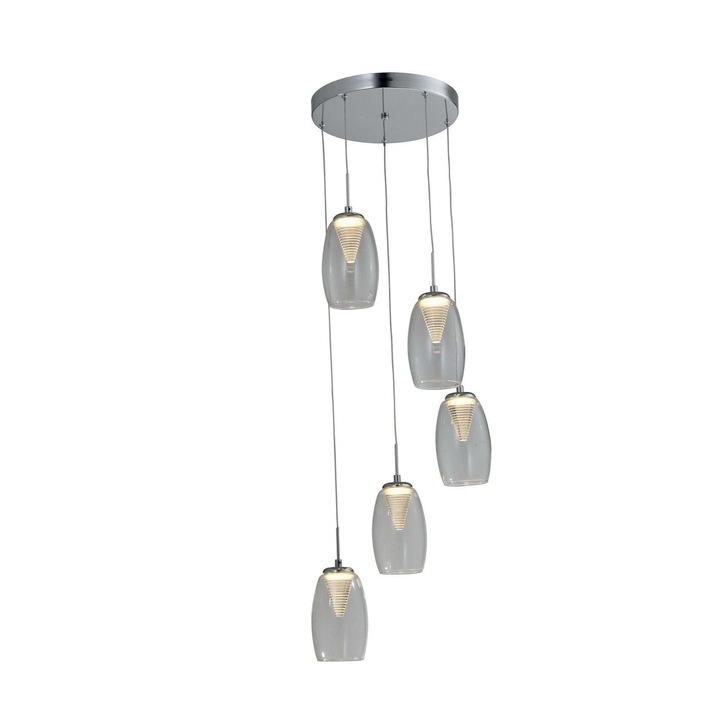 Aria Polished Chrome 5 Light Led Cluster Pendant With Clear Glasses - 4000K