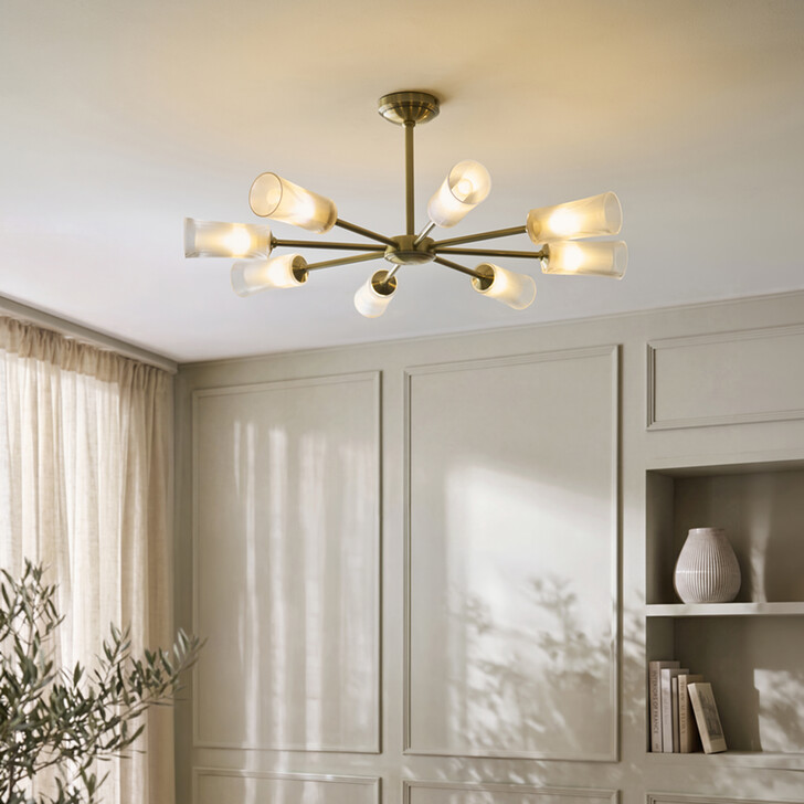 Avelyn Antique Brass 8 Light Pendant Light Complete With Clear Ribbed Glass Shades