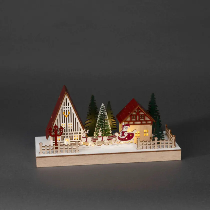 B/O Wood Silhouet. Houses. 4 W.White Led. Tim.6H, 2xAA&USB