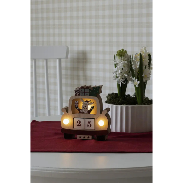 B/O Wooden Car&Reindeer, natural. 3 w.wh. Led, Tim.6H 2xAAA