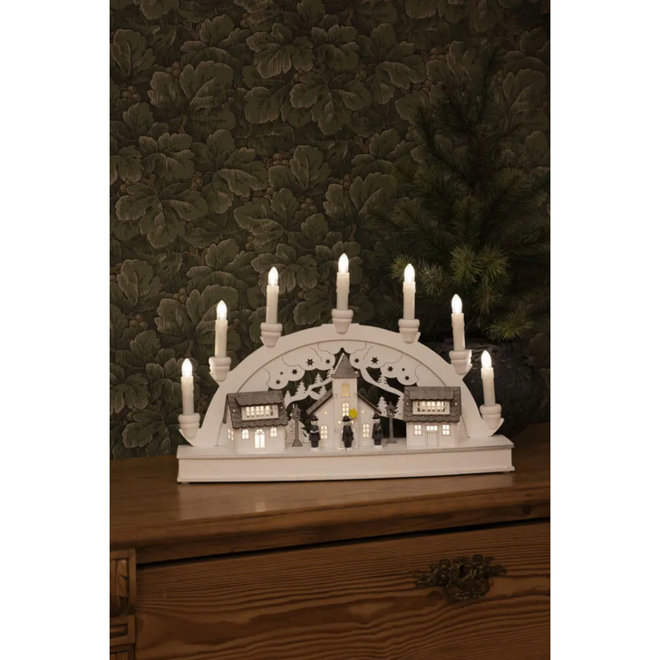 B/O Wooden silhouette, 3 houses, 10 Warm White Led, 2xAA&USB