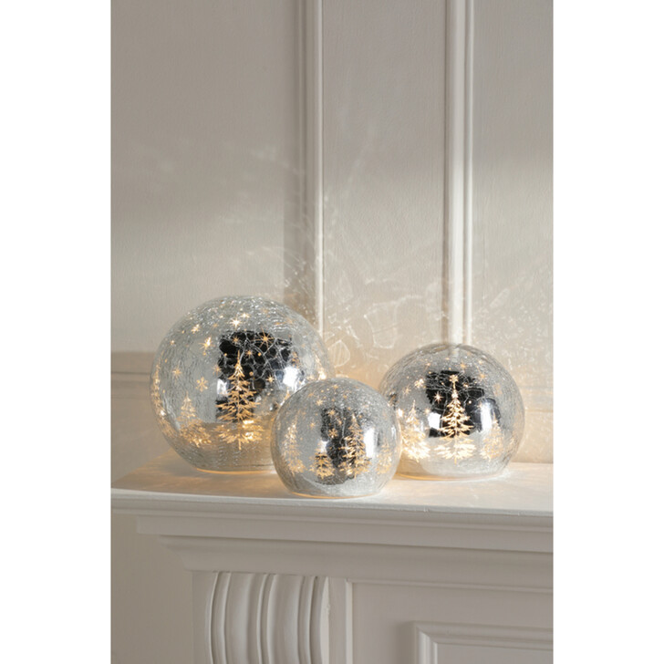 CRACKLE GLASS LIT ORNAMENT SET OF 3 SILVER - Battery Operated (9 X AA - Not Included)