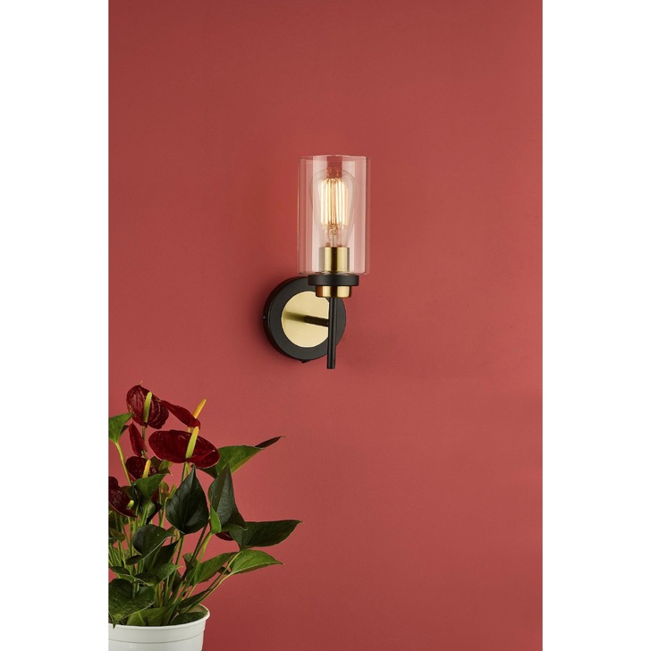 Dar Abel Industrial Wall Light Satin Black With Antique Brass Detailing & Clear Glass